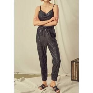 Mustard Seed Black Sequin Jogger Jumpsuit Spaghetti Strap Size M Medium
